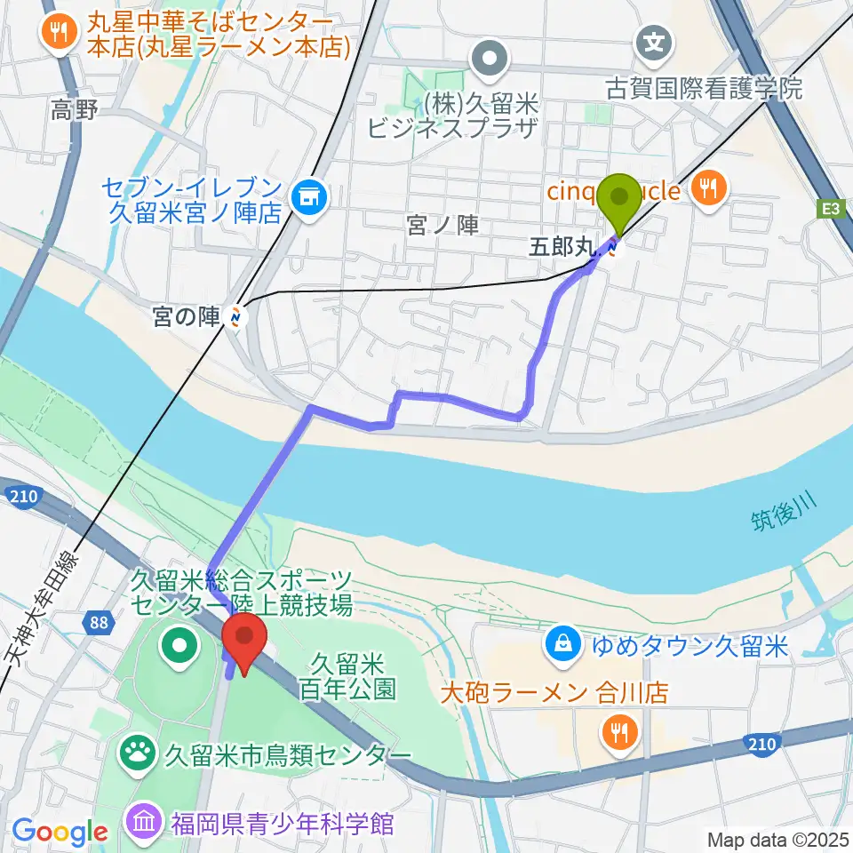 五郎丸駅から久留米アリーナへのルートマップ地図