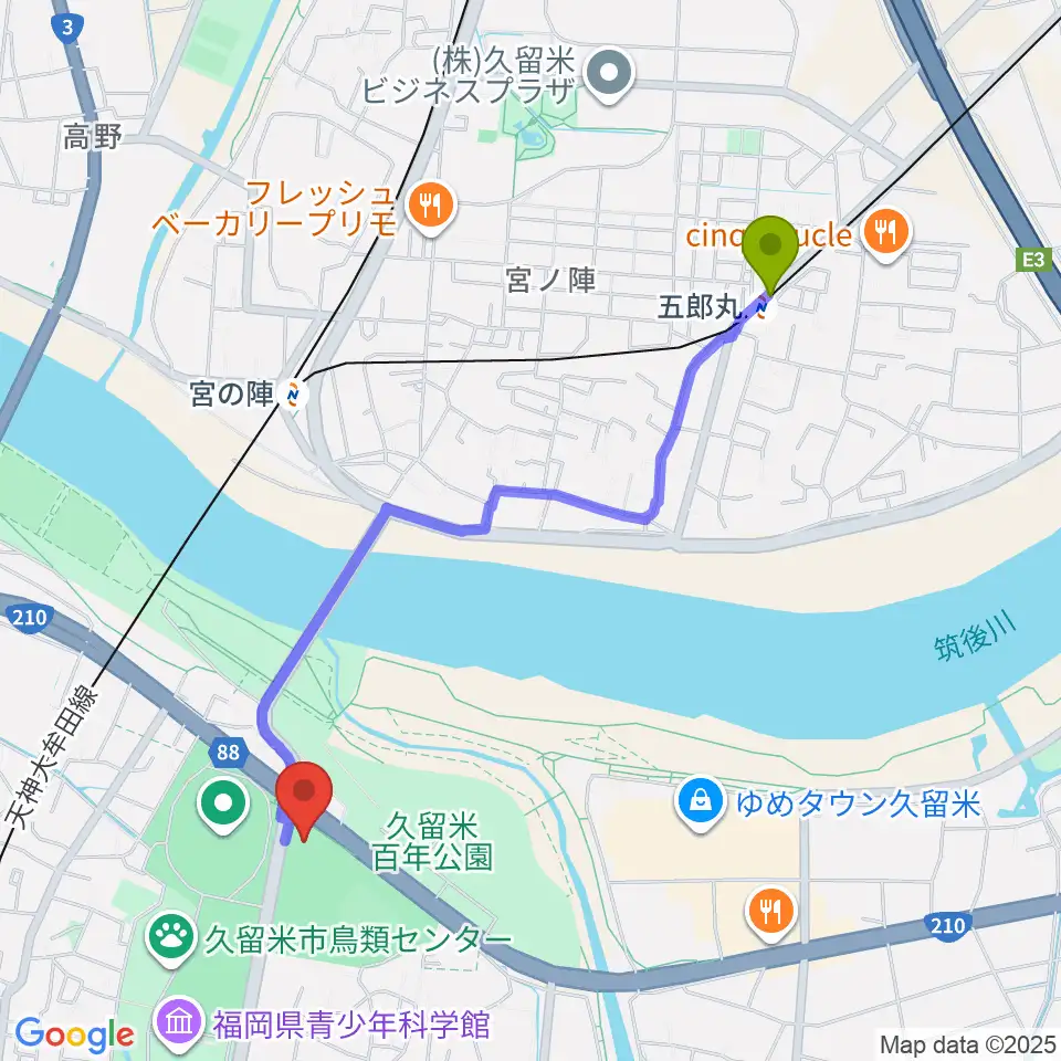 五郎丸駅から久留米アリーナへのルートマップ地図