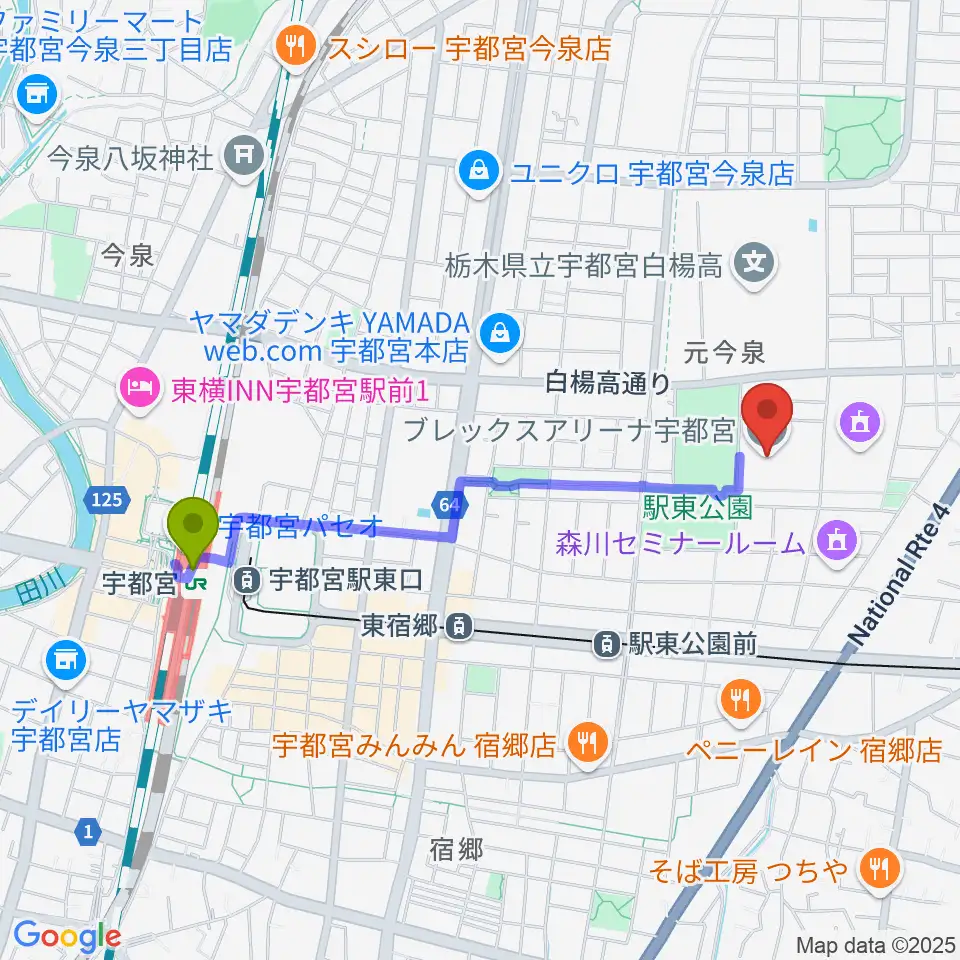 宇都宮駅からブレックスアリーナ宇都宮へのルートマップ地図