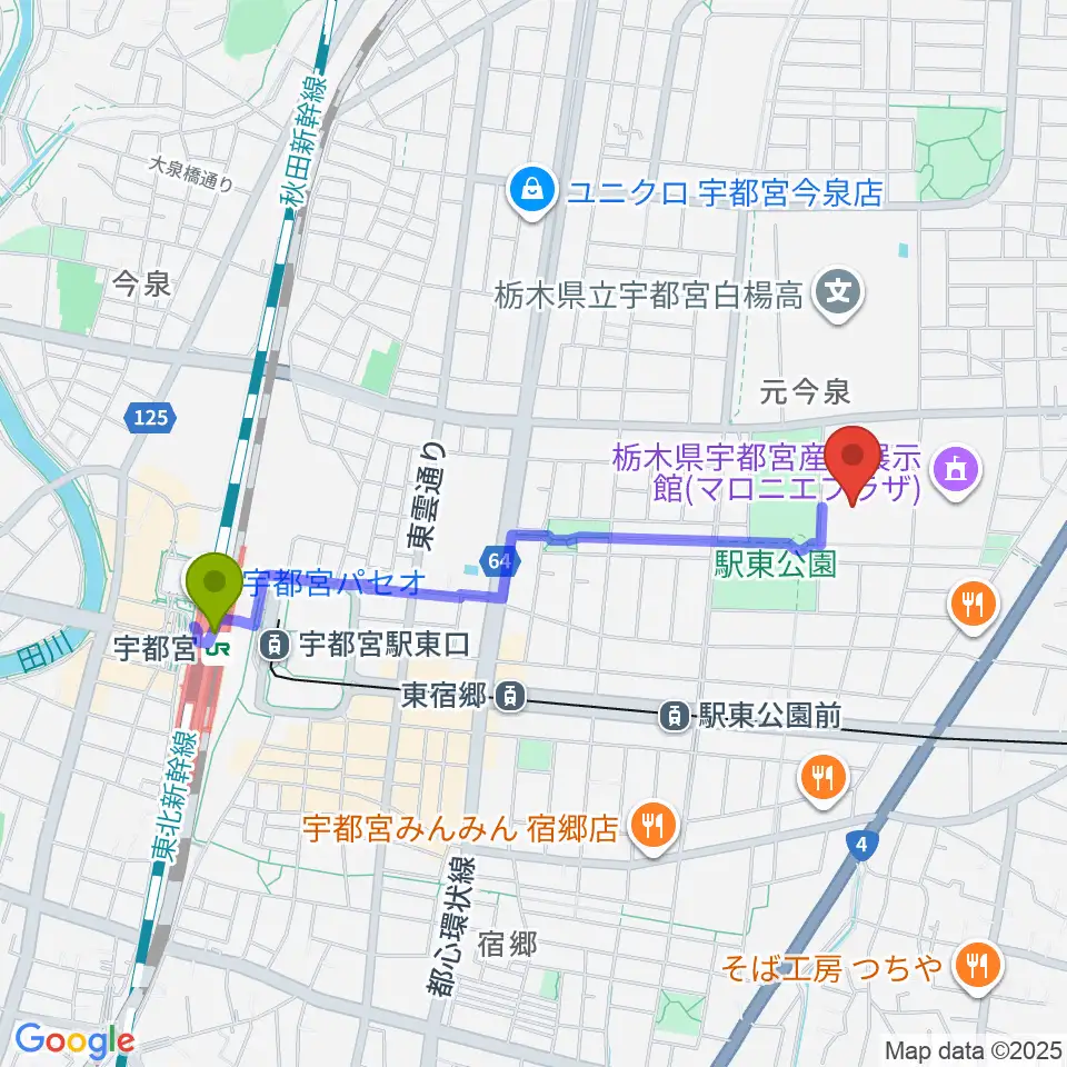 宇都宮駅からブレックスアリーナ宇都宮へのルートマップ地図