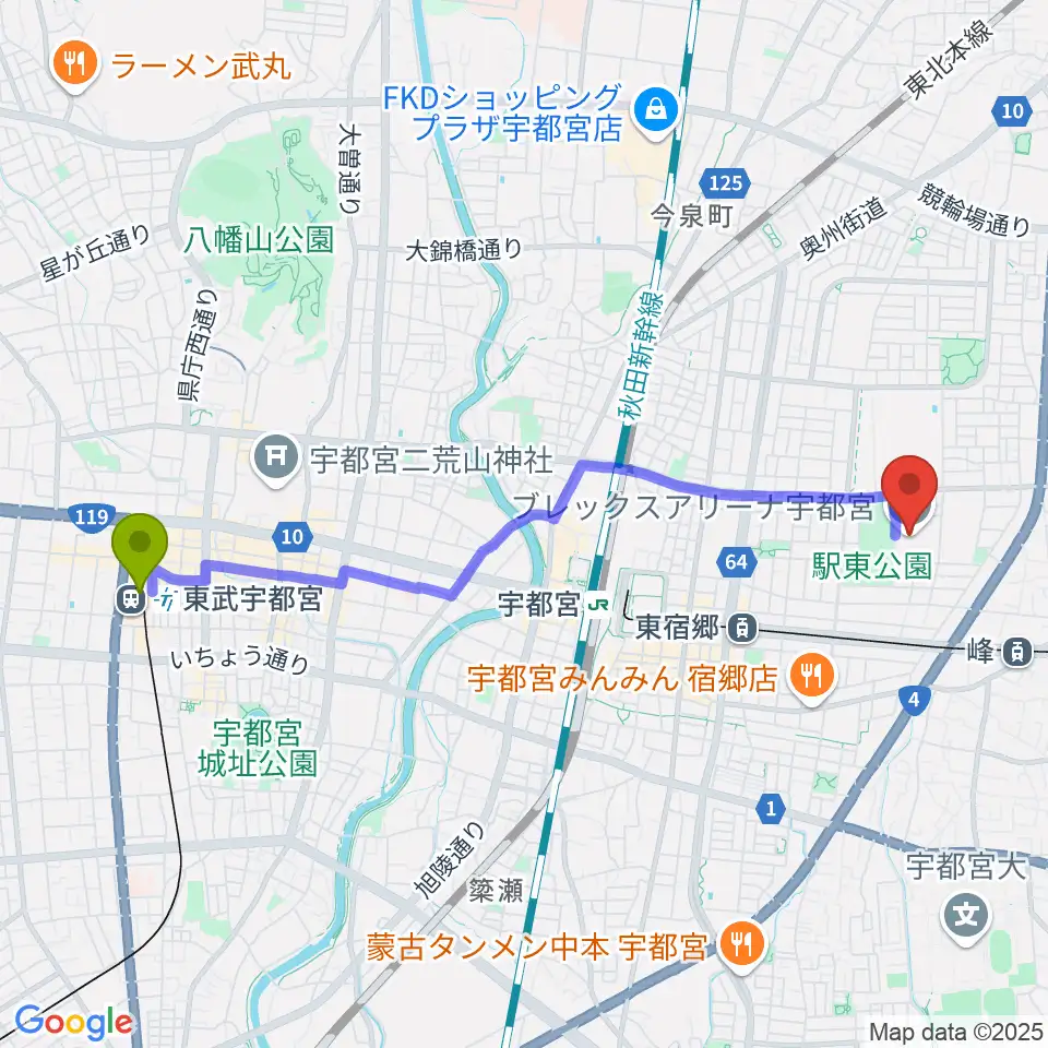 東武宇都宮駅からブレックスアリーナ宇都宮へのルートマップ地図