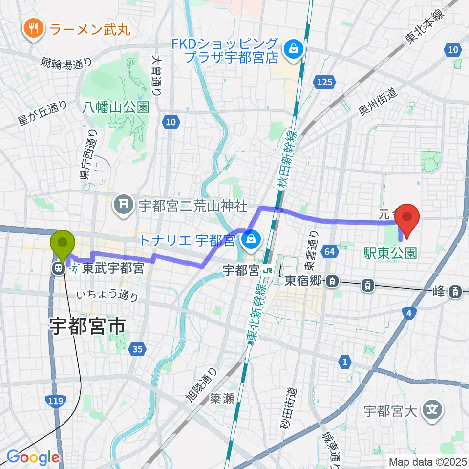 東武宇都宮駅からブレックスアリーナ宇都宮へのルートマップ地図