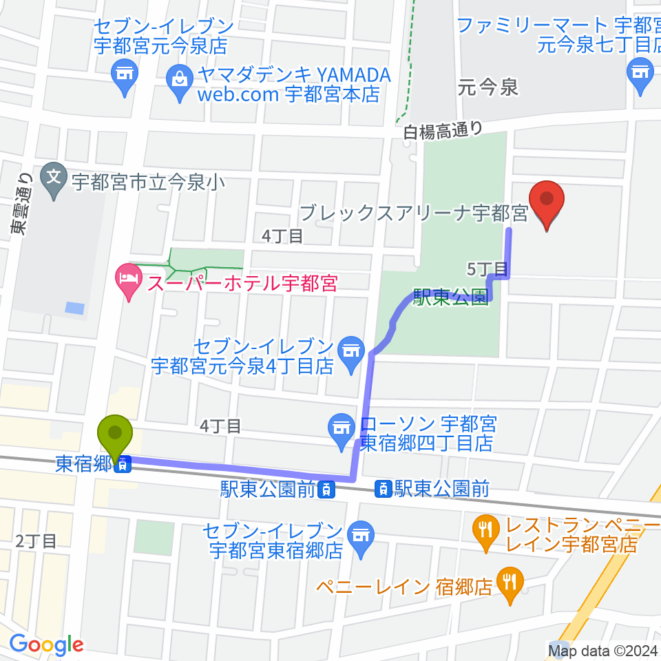 東宿郷駅からブレックスアリーナ宇都宮へのルートマップ地図