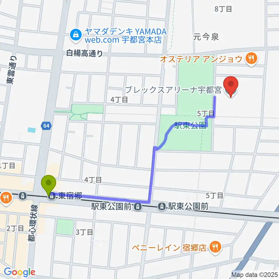 東宿郷駅からブレックスアリーナ宇都宮へのルートマップ地図