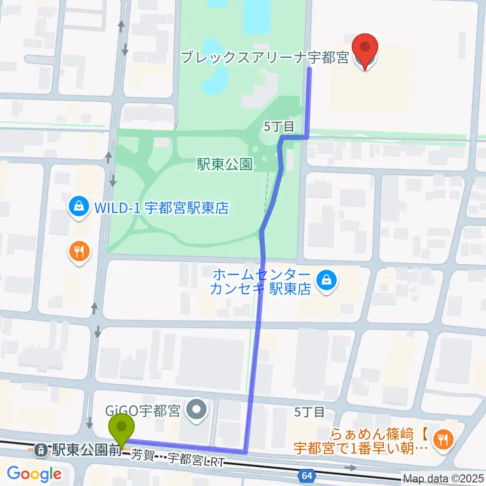 ブレックスアリーナ宇都宮の最寄駅駅東公園前駅からの徒歩ルート（約7分）地図