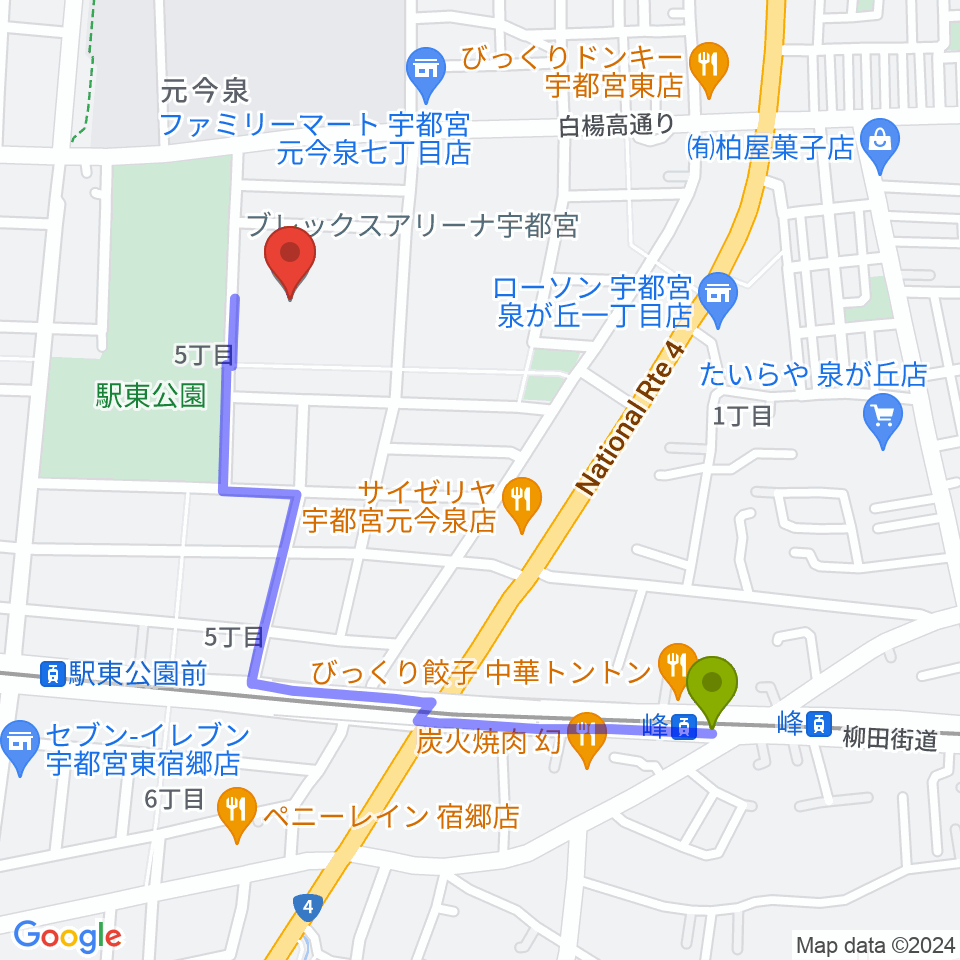 峰駅からブレックスアリーナ宇都宮へのルートマップ地図