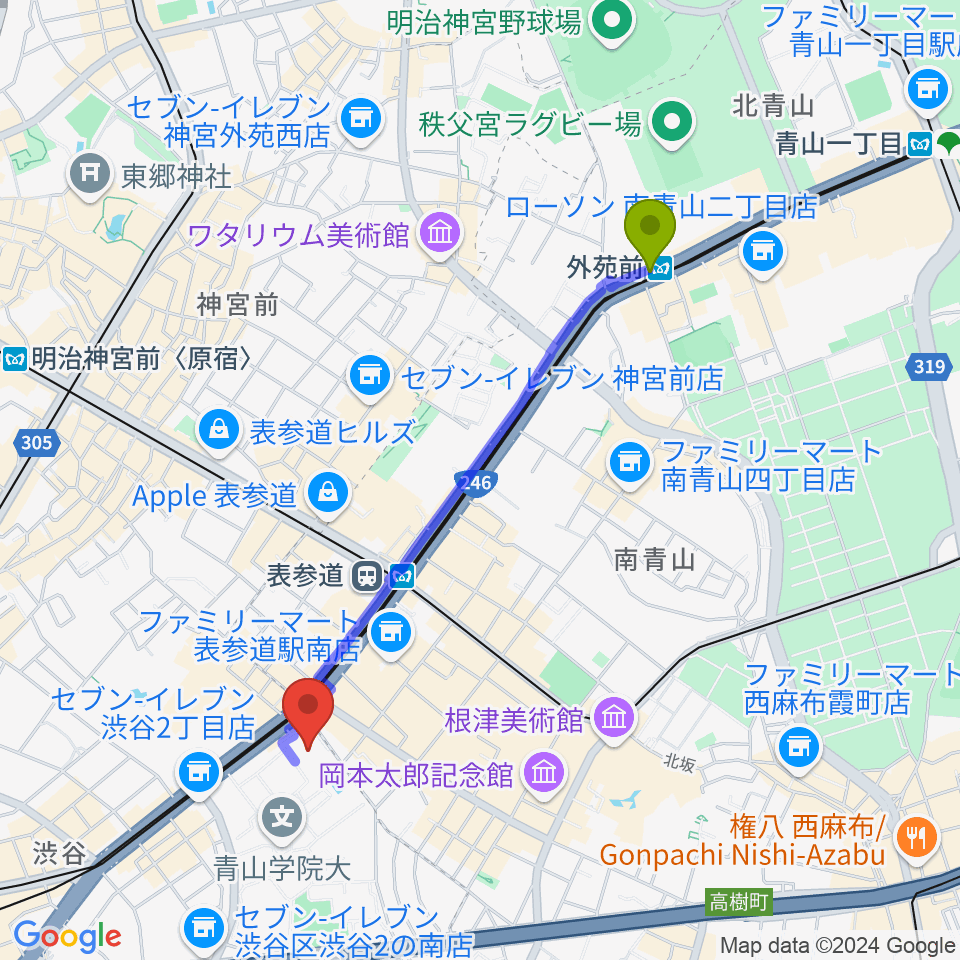 外苑前駅から青山学院記念館へのルートマップ地図