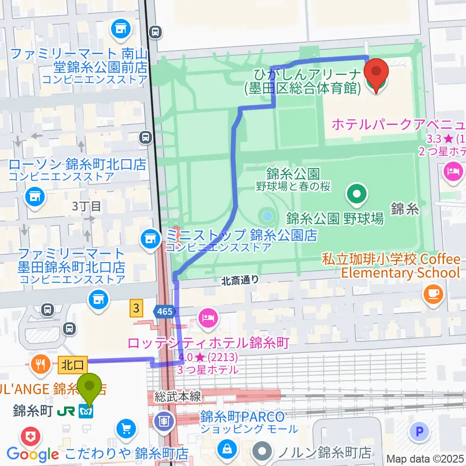 ひがしんアリーナの最寄駅錦糸町駅からの徒歩ルート（約7分）地図