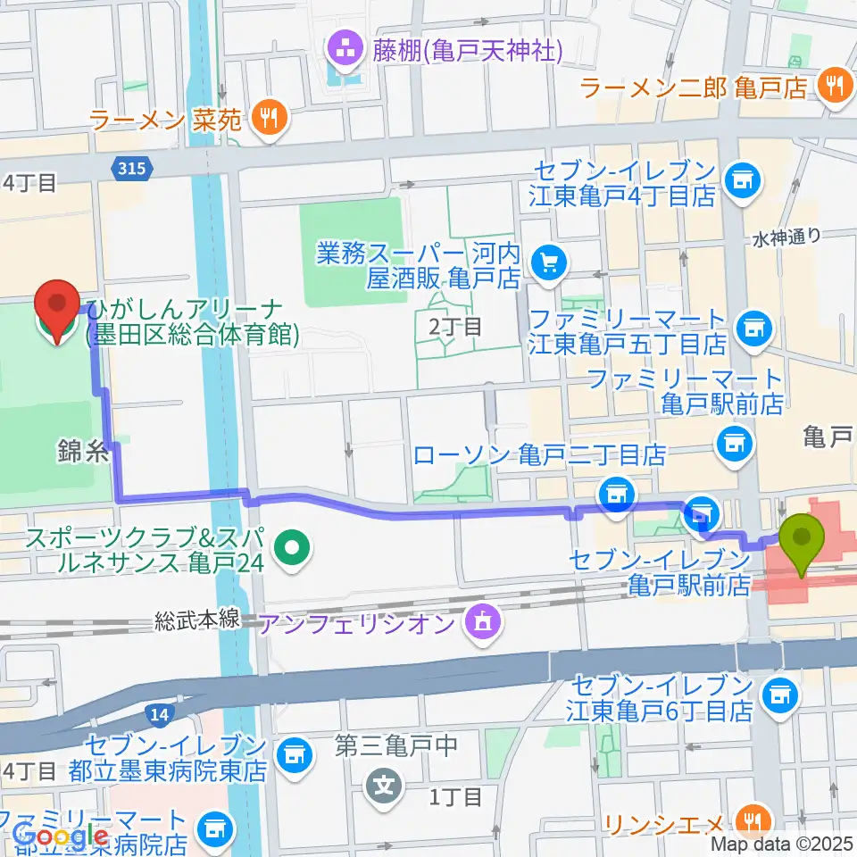 亀戸駅からひがしんアリーナへのルートマップ地図