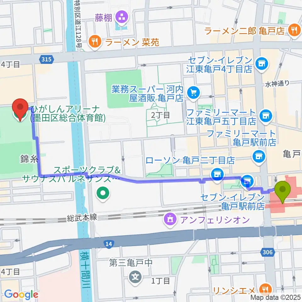 亀戸駅からひがしんアリーナへのルートマップ地図