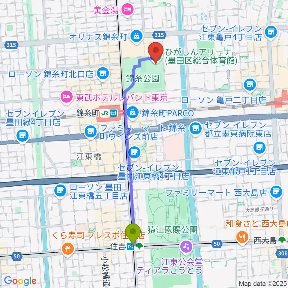 住吉駅からひがしんアリーナへのルートマップ地図