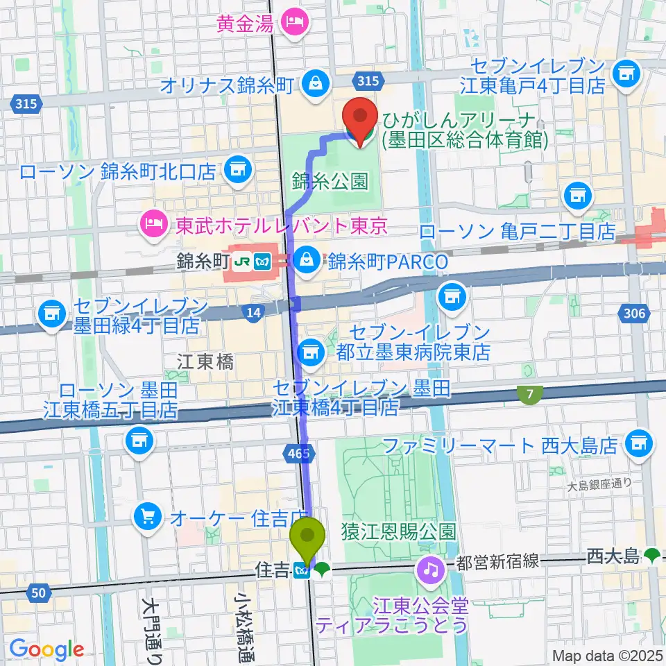 住吉駅からひがしんアリーナへのルートマップ地図