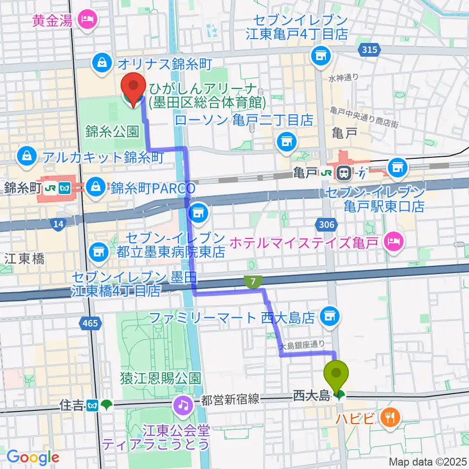 西大島駅からひがしんアリーナへのルートマップ地図