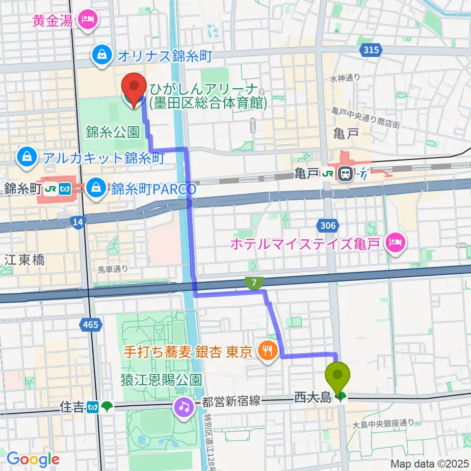西大島駅からひがしんアリーナへのルートマップ地図