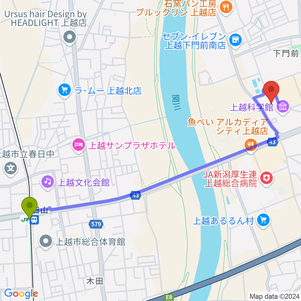 リージョンプラザ上越の最寄駅春日山駅からの徒歩ルート（約27分）地図