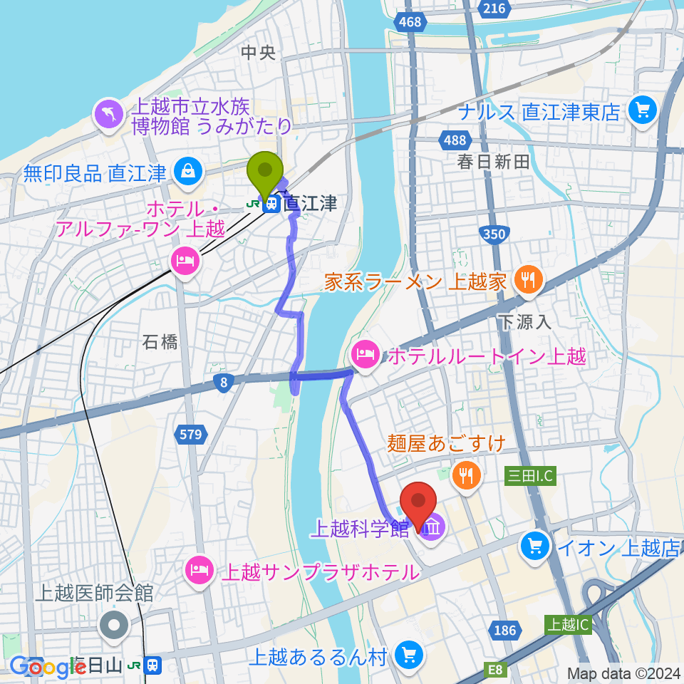 直江津駅からリージョンプラザ上越へのルートマップ地図