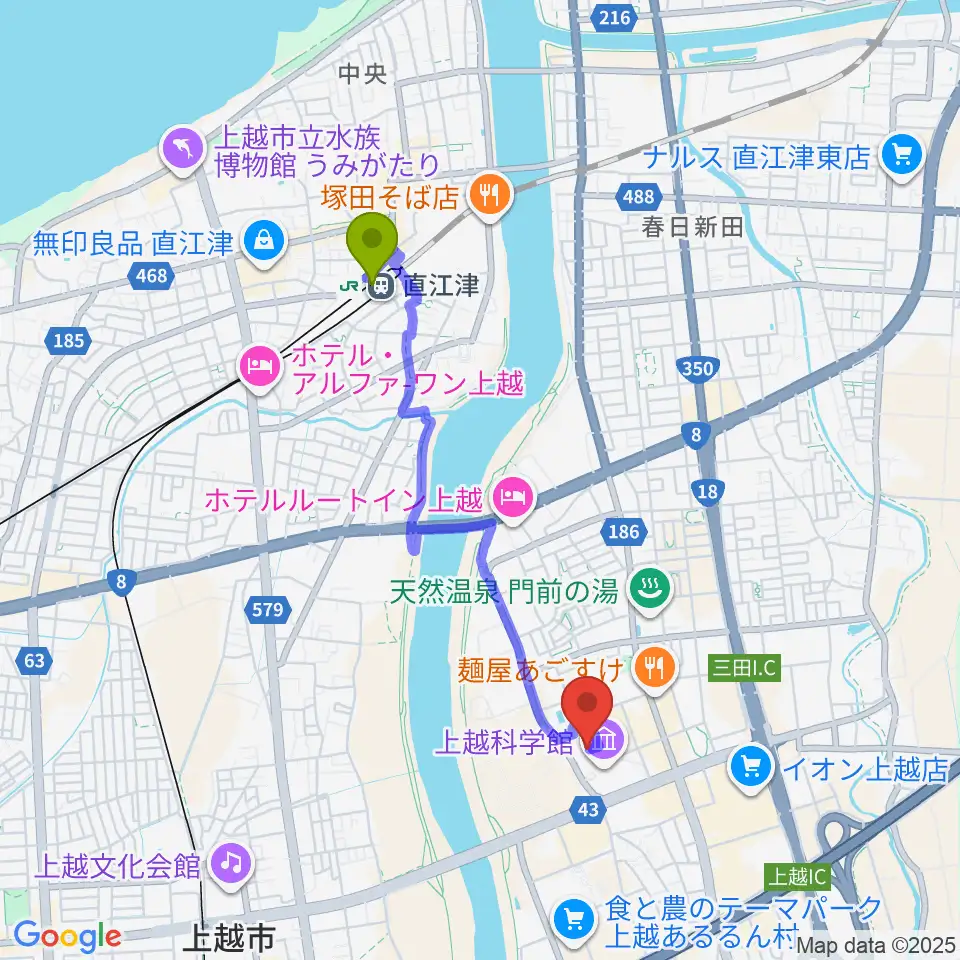 直江津駅からリージョンプラザ上越へのルートマップ地図
