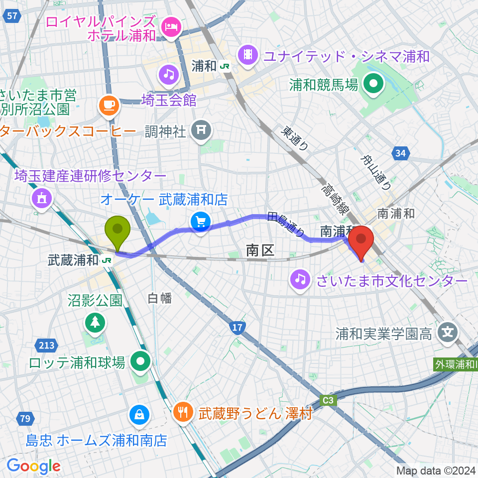 武蔵浦和駅からスタジオパックス南浦和店へのルートマップ地図