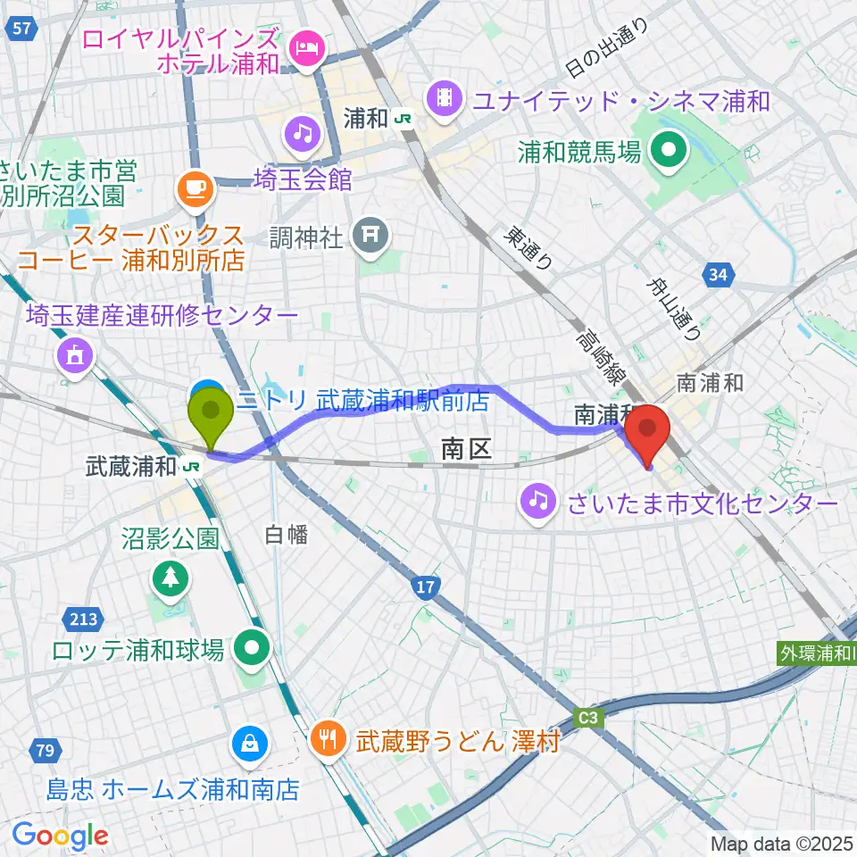 武蔵浦和駅からスタジオパックス南浦和店へのルートマップ地図