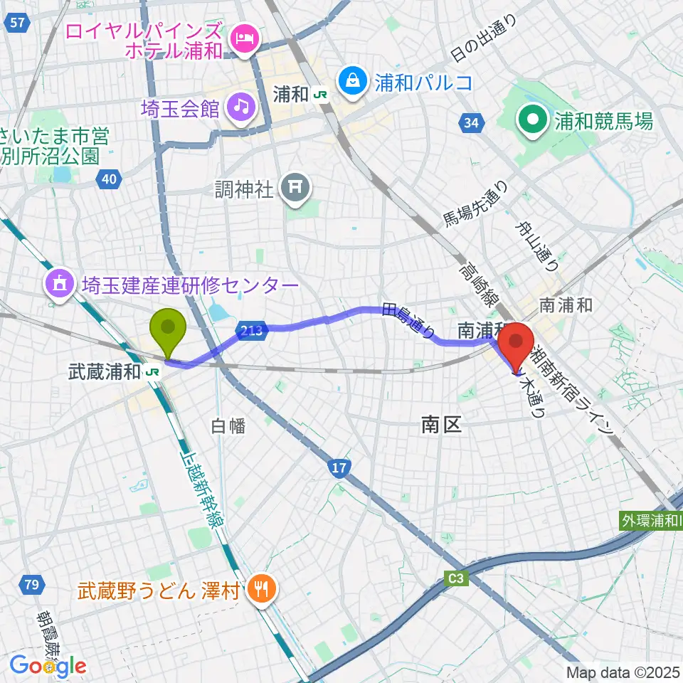 武蔵浦和駅からスタジオパックス南浦和店へのルートマップ地図