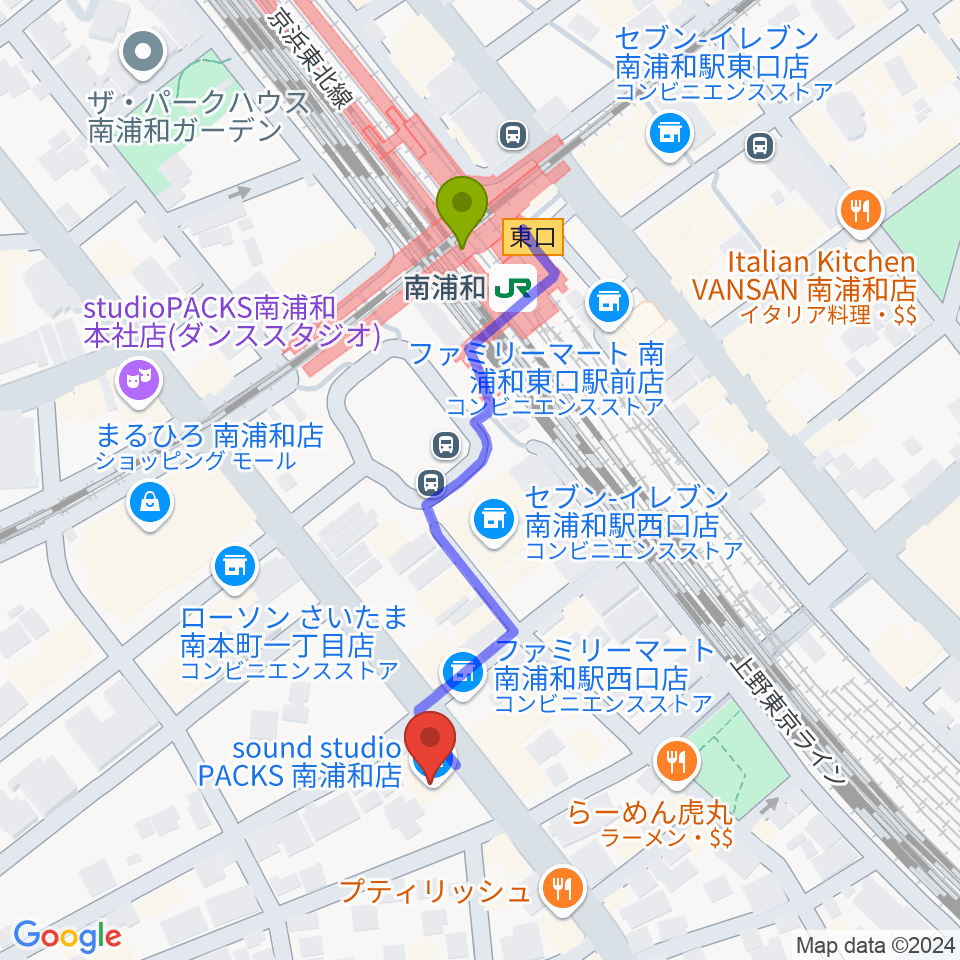 スタジオパックス南浦和店の最寄駅南浦和駅からの徒歩ルート（約4分）地図