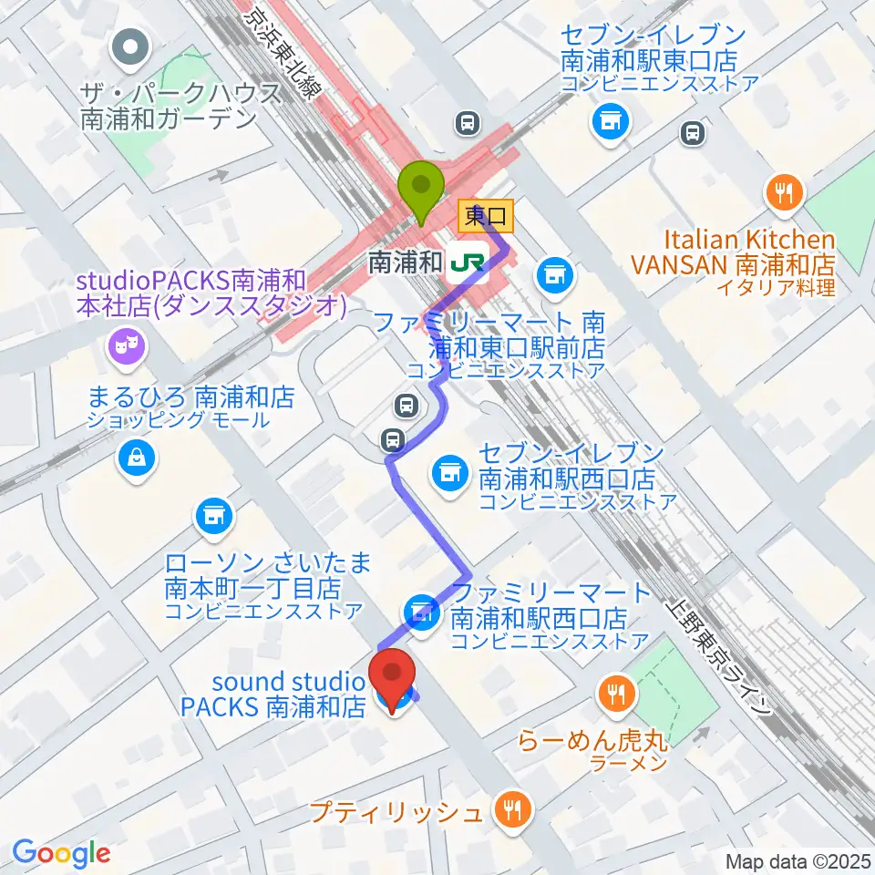 スタジオパックス南浦和店の最寄駅南浦和駅からの徒歩ルート（約4分）地図