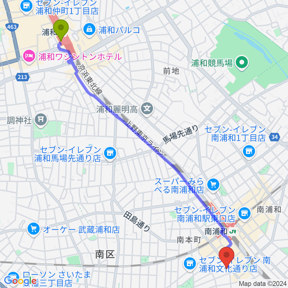 浦和駅からスタジオパックス南浦和店へのルートマップ地図