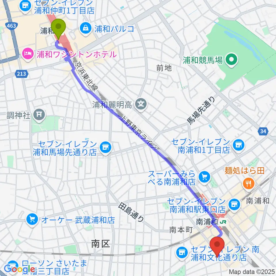 浦和駅からスタジオパックス南浦和店へのルートマップ地図