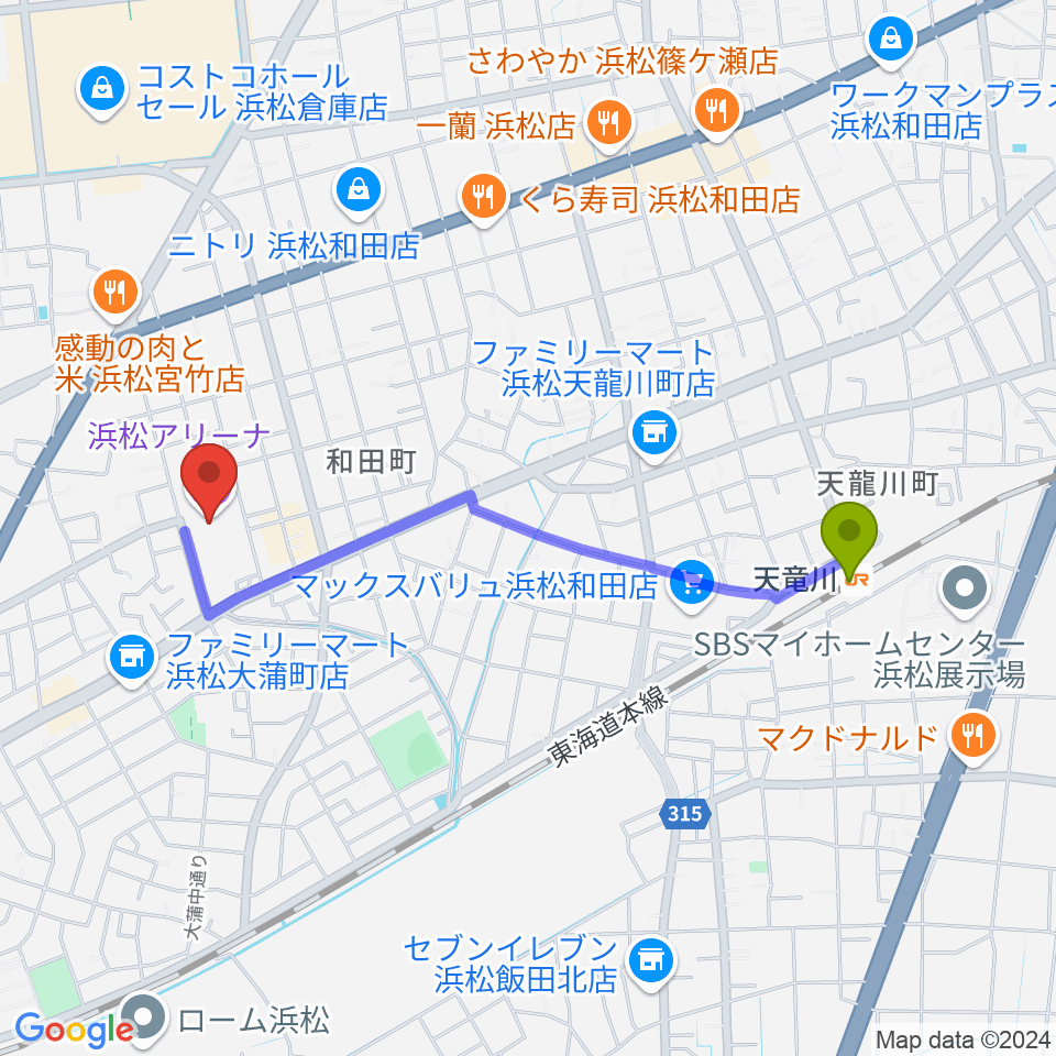 浜松アリーナの最寄駅天竜川駅からの徒歩ルート（約19分）地図