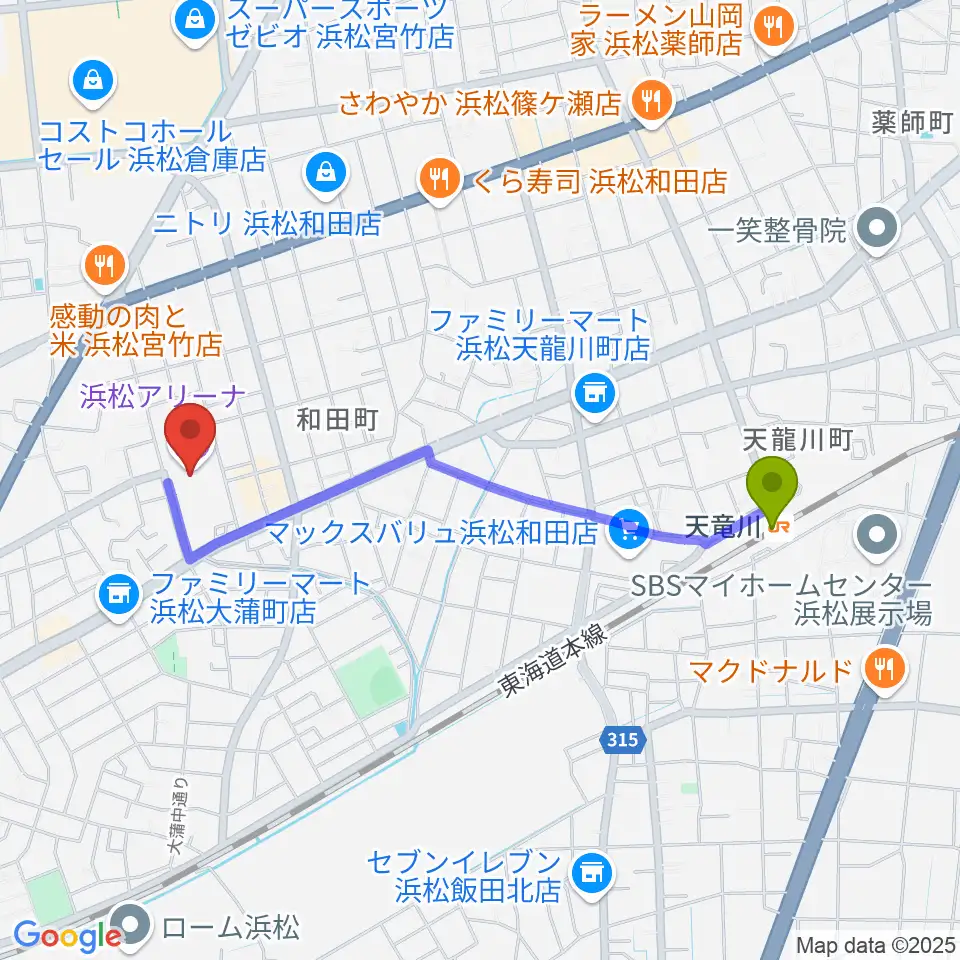 浜松アリーナの最寄駅天竜川駅からの徒歩ルート（約19分）地図