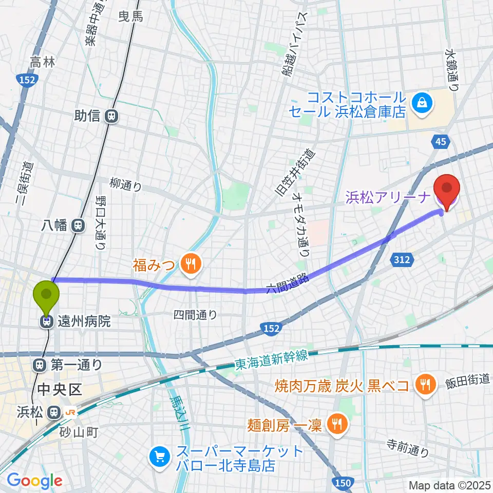 遠州病院駅から浜松アリーナへのルートマップ地図