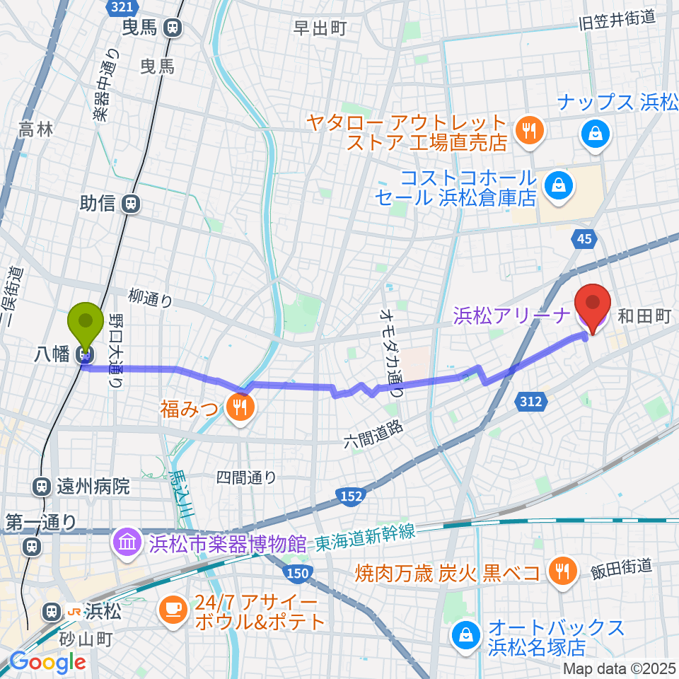 八幡駅から浜松アリーナへのルートマップ地図