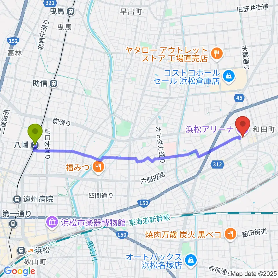 八幡駅から浜松アリーナへのルートマップ地図