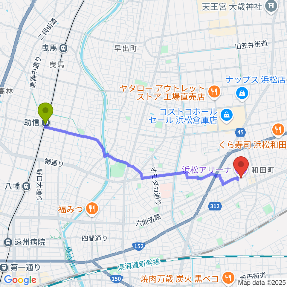 助信駅から浜松アリーナへのルートマップ地図