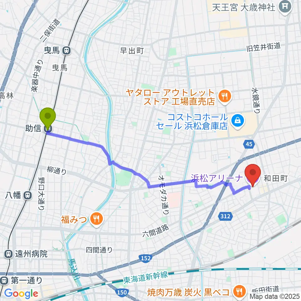 助信駅から浜松アリーナへのルートマップ地図