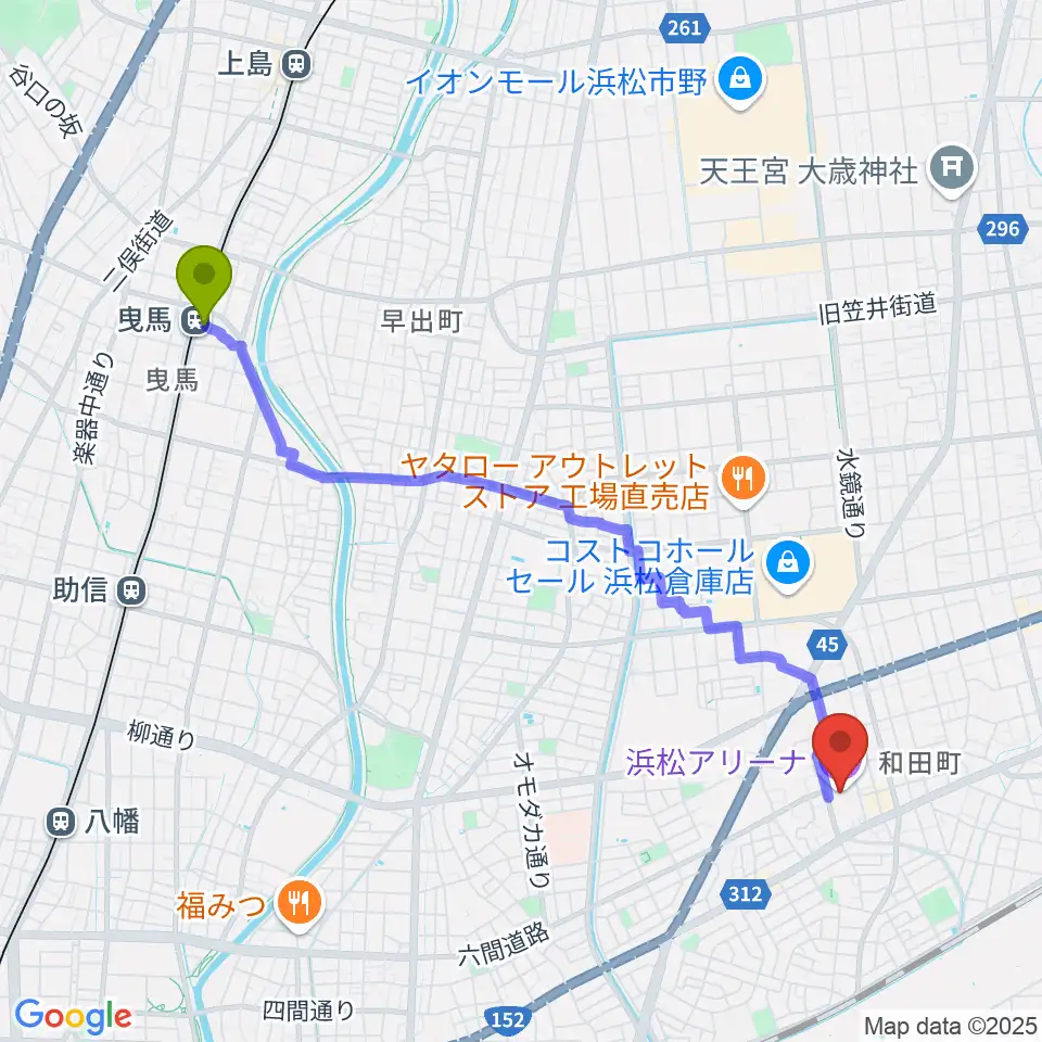 曳馬駅から浜松アリーナへのルートマップ地図
