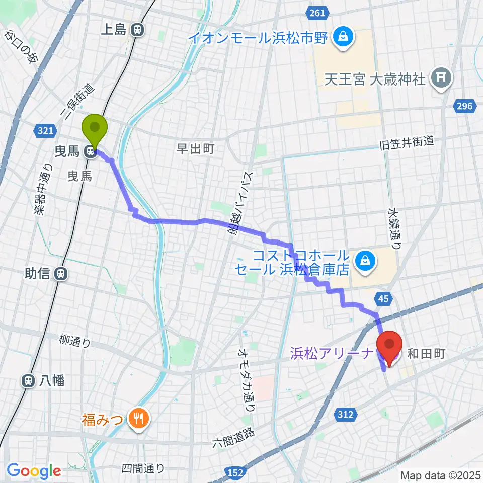 曳馬駅から浜松アリーナへのルートマップ地図