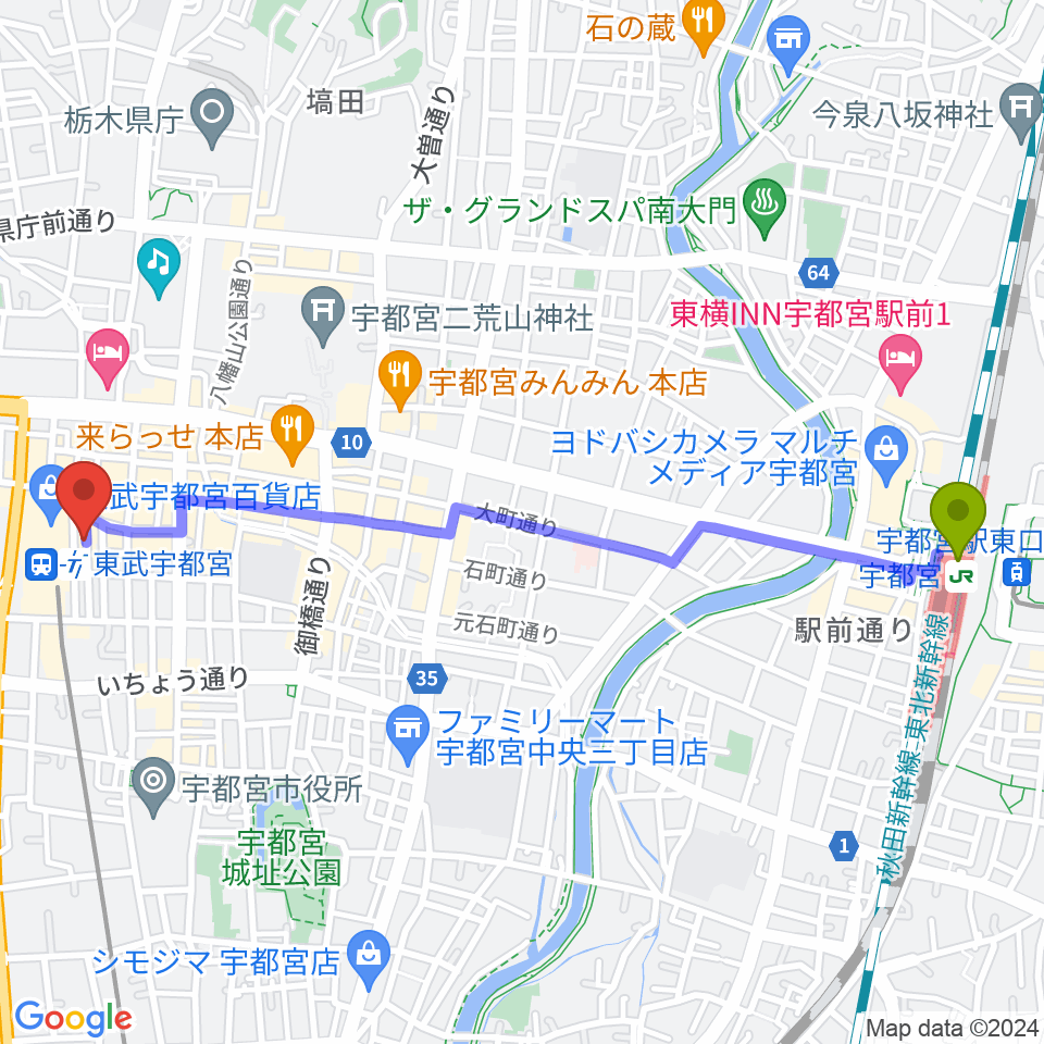 宇都宮駅からヘブンズロック宇都宮2/3へのルートマップ地図
