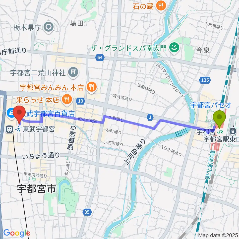 宇都宮駅からヘブンズロック宇都宮2/3へのルートマップ地図