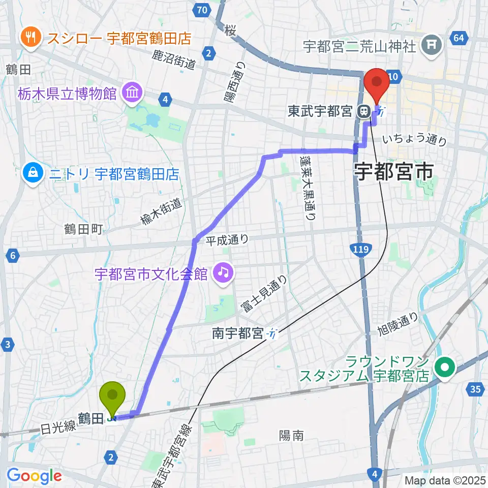 鶴田駅からヘブンズロック宇都宮2/3へのルートマップ地図