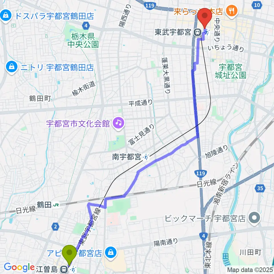 江曽島駅からヘブンズロック宇都宮2/3へのルートマップ地図
