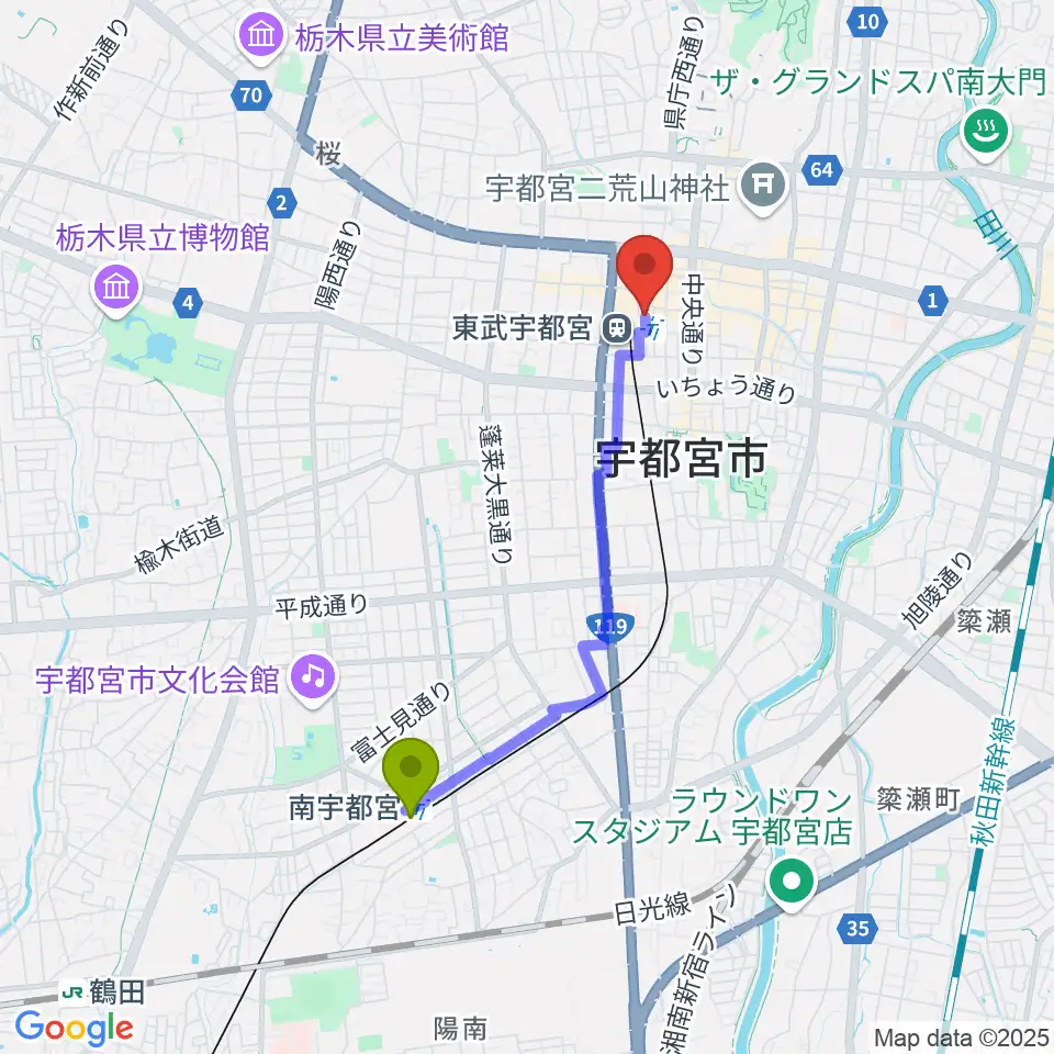 南宇都宮駅からヘブンズロック宇都宮2/3へのルートマップ地図