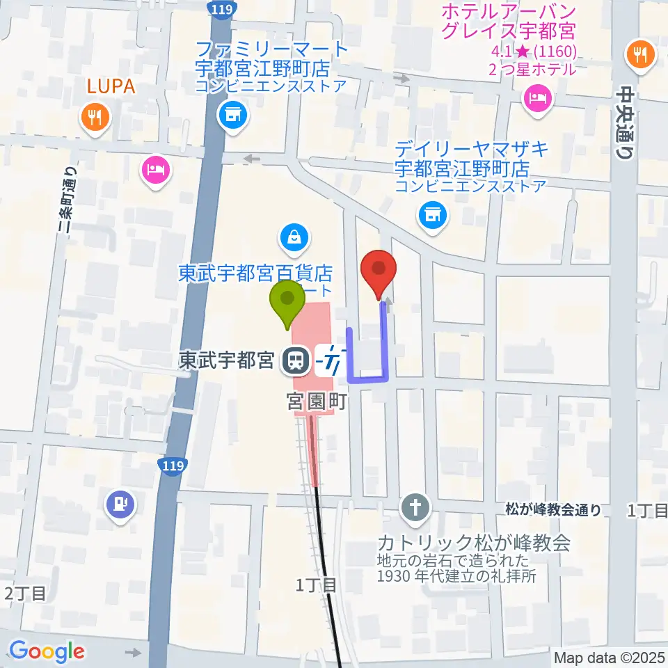 ヘブンズロック宇都宮2/3の最寄駅東武宇都宮駅からの徒歩ルート（約1分）地図