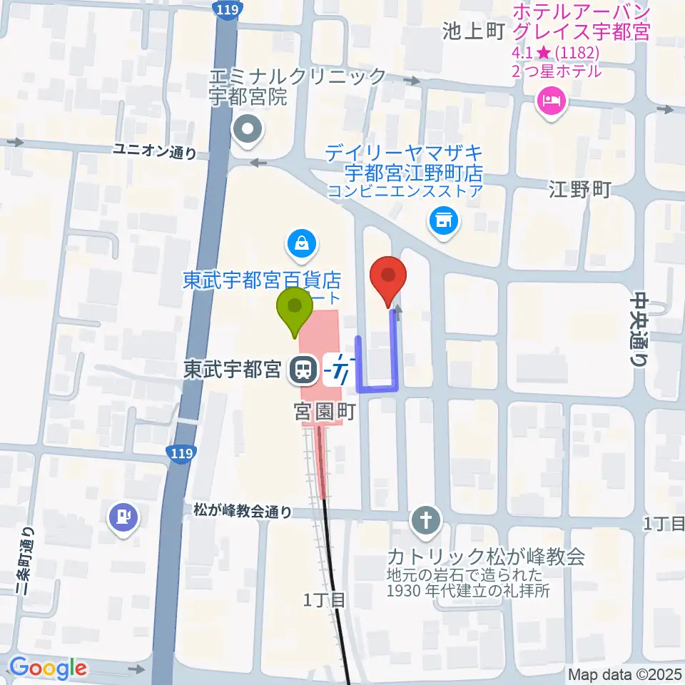 ヘブンズロック宇都宮2/3の最寄駅東武宇都宮駅からの徒歩ルート（約1分）地図