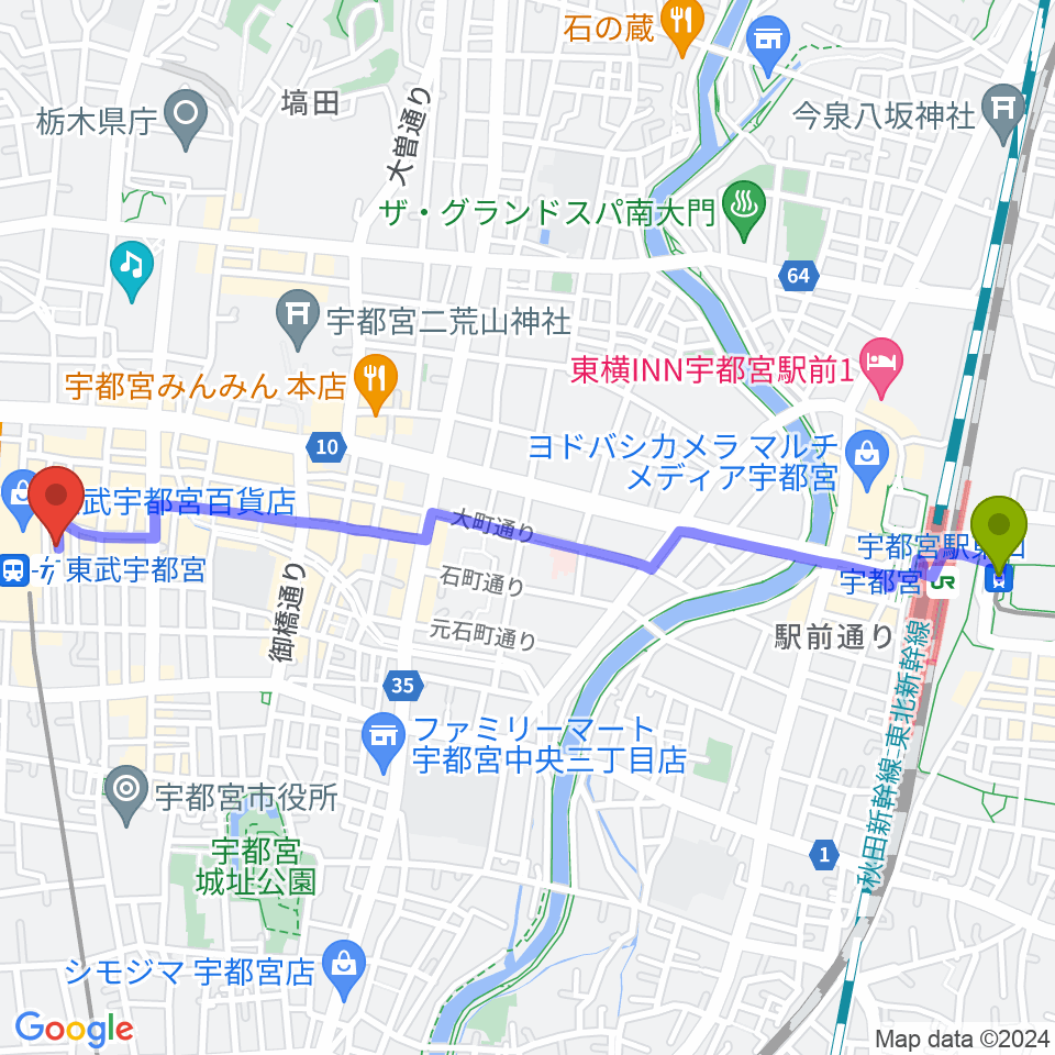 宇都宮駅東口駅からヘブンズロック宇都宮2/3へのルートマップ地図