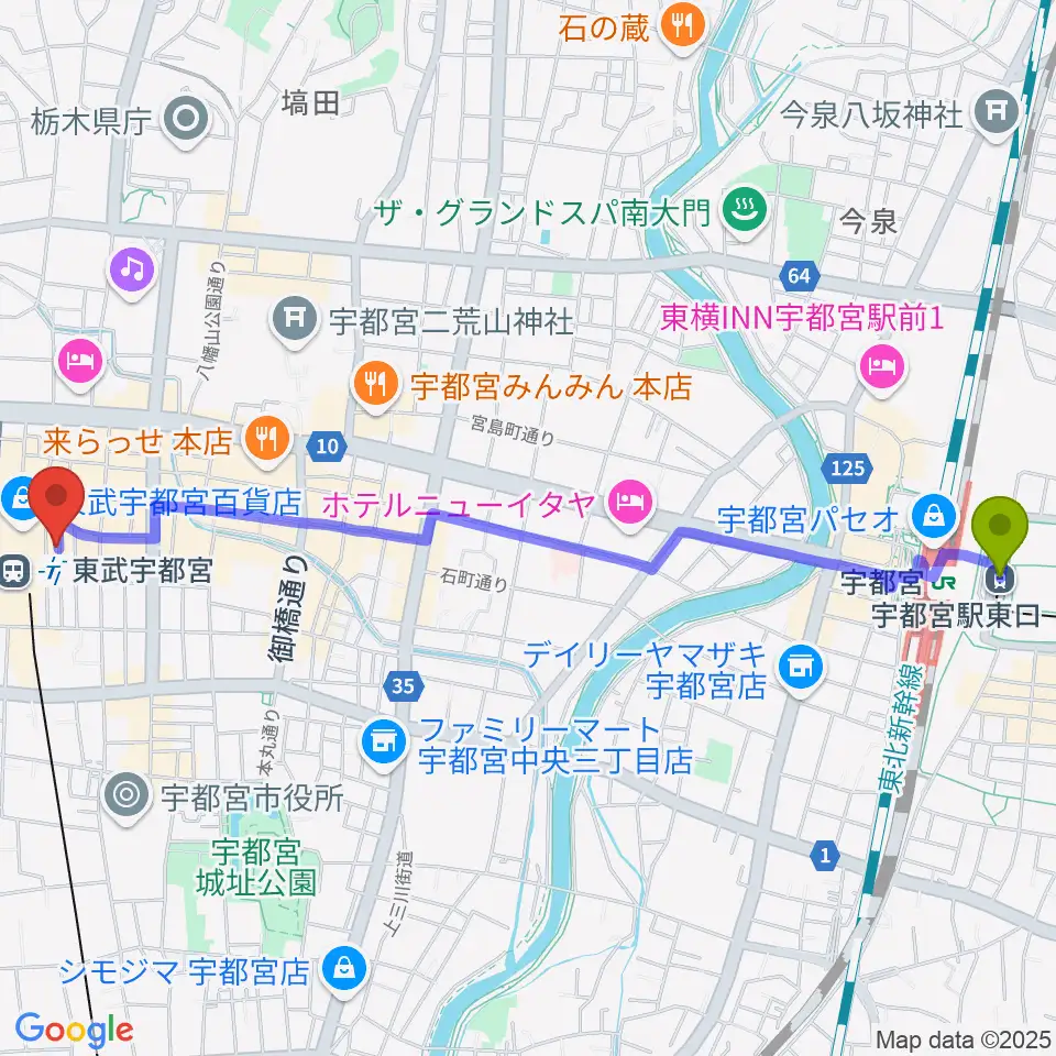 宇都宮駅東口駅からヘブンズロック宇都宮2/3へのルートマップ地図