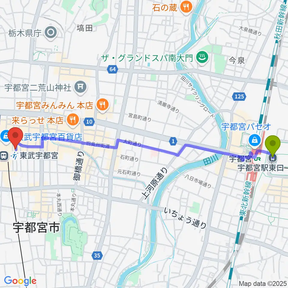 宇都宮駅東口駅からヘブンズロック宇都宮2/3へのルートマップ地図