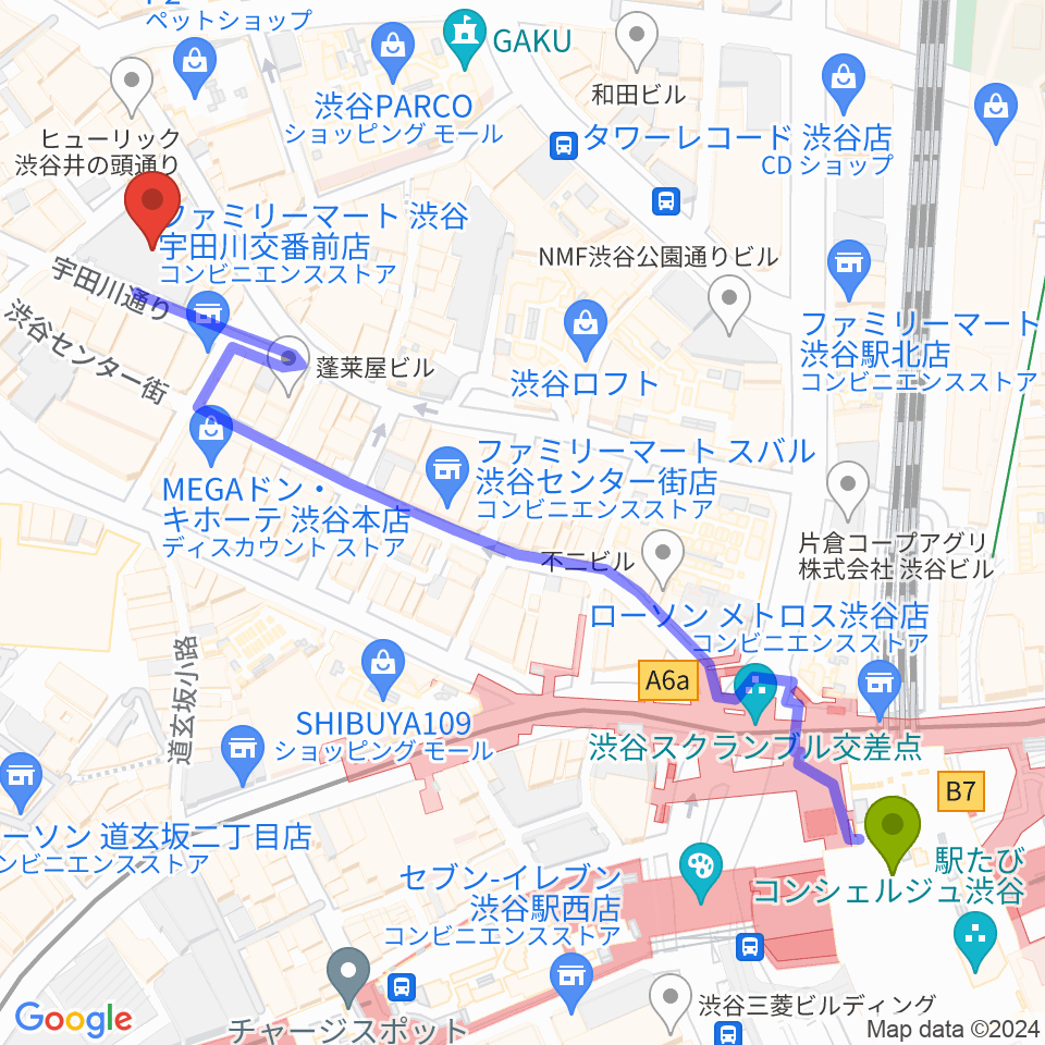 渋谷ヨシモト∞ドームの最寄駅渋谷駅からの徒歩ルート（約7分）地図