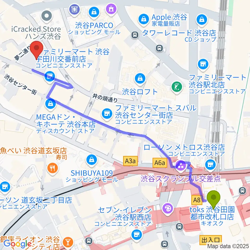 渋谷ヨシモト∞ドームの最寄駅渋谷駅からの徒歩ルート（約7分）地図