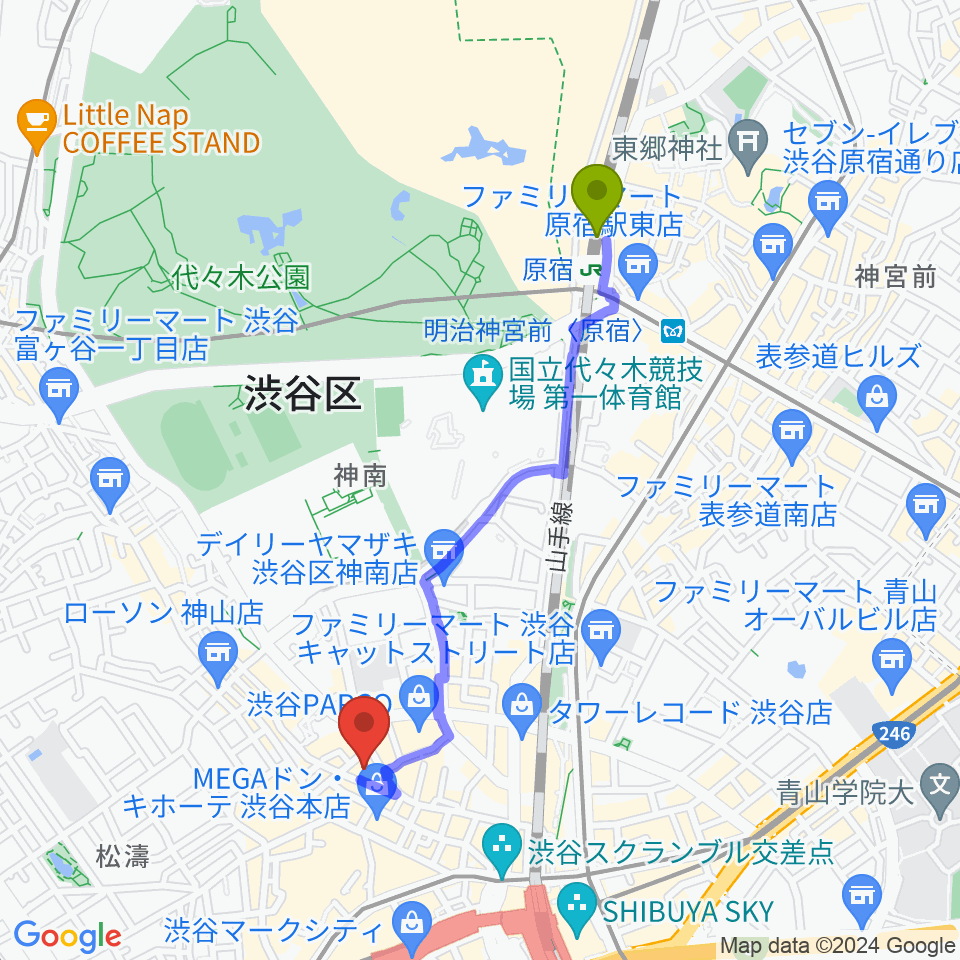 原宿駅から渋谷ヨシモト∞ドームへのルートマップ地図